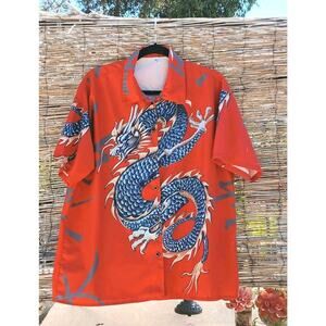 Vintage Hawaiian Japanese Dragon Tatoo AOP Shirt Sz L Red Luau Party Tropical